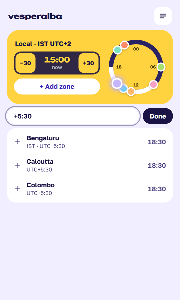Search by UTC offset: +5:30 finds Bengaluru, Calcutta and Colombo
