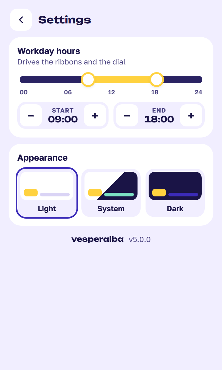 Settings: workday hours and appearance
